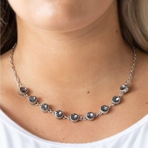 Silver and Black Gem Necklace with Matching Earrings